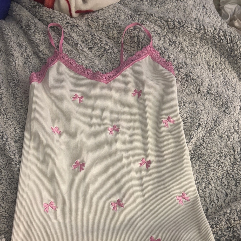 PINK Victoria's Secret White Ribbed Tank with Pink Bow Embroidery
